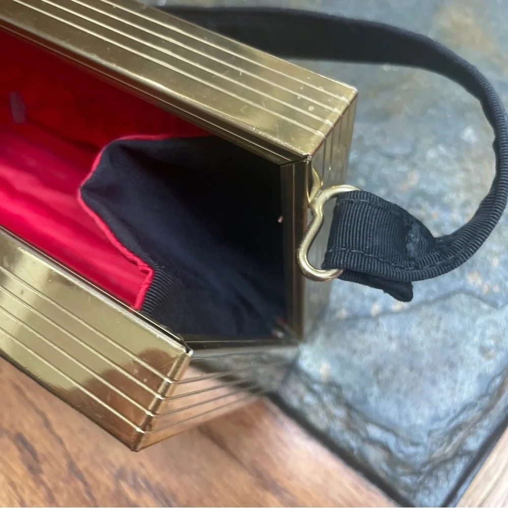 Vintage Black and Brass Box Purse Red Lining Hard Unique Hand Bag Clutch - Picture 7 of 7
